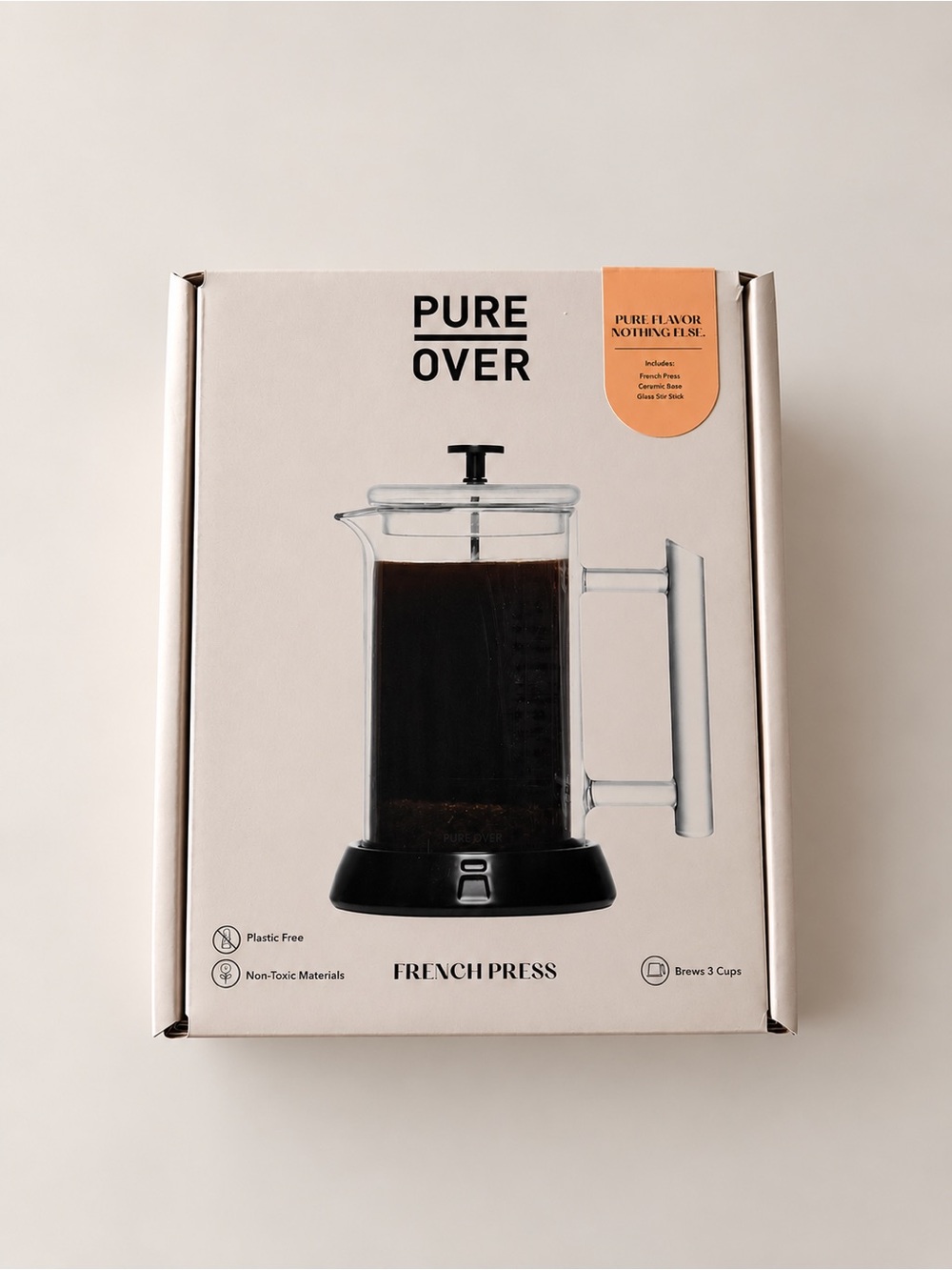 Pure Over Non-Toxic Glass French Press 3 Cup Plastic Free Coffee Maker
